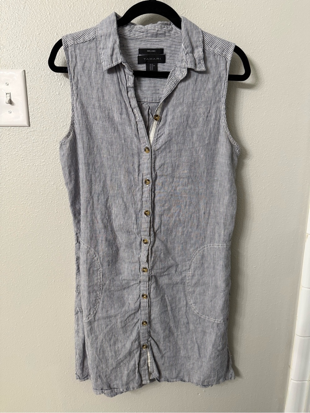 Tahari Sleeveless Blue-White Stripe Shirt Dress 100% Linen